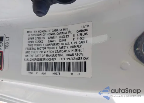 2015 Honda Civic Ex z USA, uszkodzony, nr VIN 2HGFG3B83FH506499